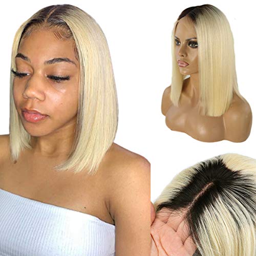 Front Wig 1B/613 180% Density Straight Short Ombre Bob Lace Wig 14 Inch Blonde Ombre Pre Plucked Lace Front Bob Cut Wigs for Black Women 13×4 Middle Part Bleached Knots