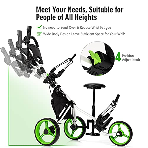 SPOTRAVEL 3 Wheel Golf Trolley, Folding Golf Cart with Storage Bag, Umbrella Holder, Foot Brake & Built-in Cooler, Portable Golf Push Trolley(Green,With Detachable Seat,132 x 75 x 98-116cm) - Image 2