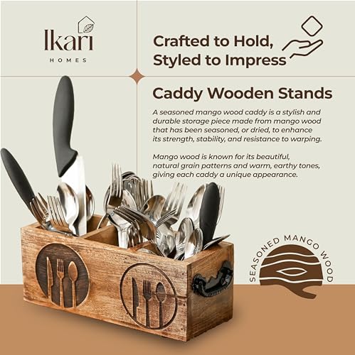 Image of Ikari Homes Wooden Antique Cutlery Holder I Cutlery Organizer I Boho Wooden Caddy I Spoon knife Fork Tissue Holder Stand I Cutlery Stand - Spoon Fork engraved design