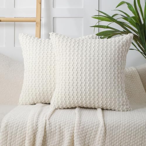 WOKANI Corduroy Cream White Throw Pillow Covers 18x18 Set of 2, Decorative Soft Boho Striped Decoration Pillowcases Modern Farmhouse Home Decor for Sofa Living Room Couch Bed