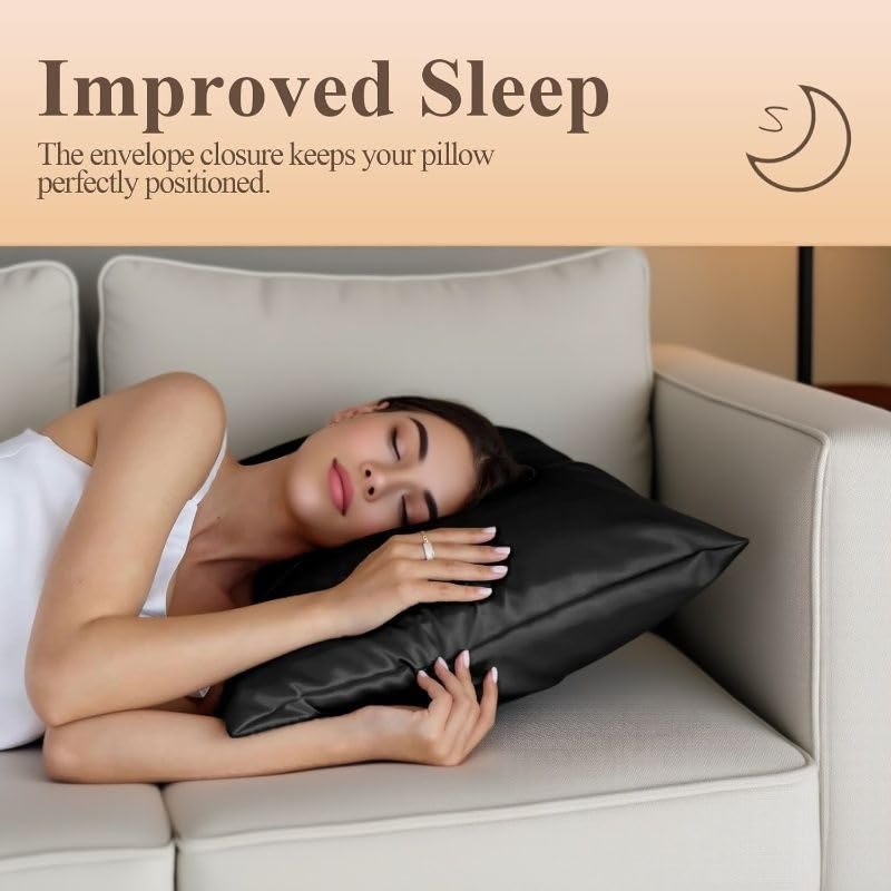 Image of 2 Pack Zippered Satin Pillowcaes, Luxury and Silky Soft Travel Zip Pillow Cases (Queen, Black)