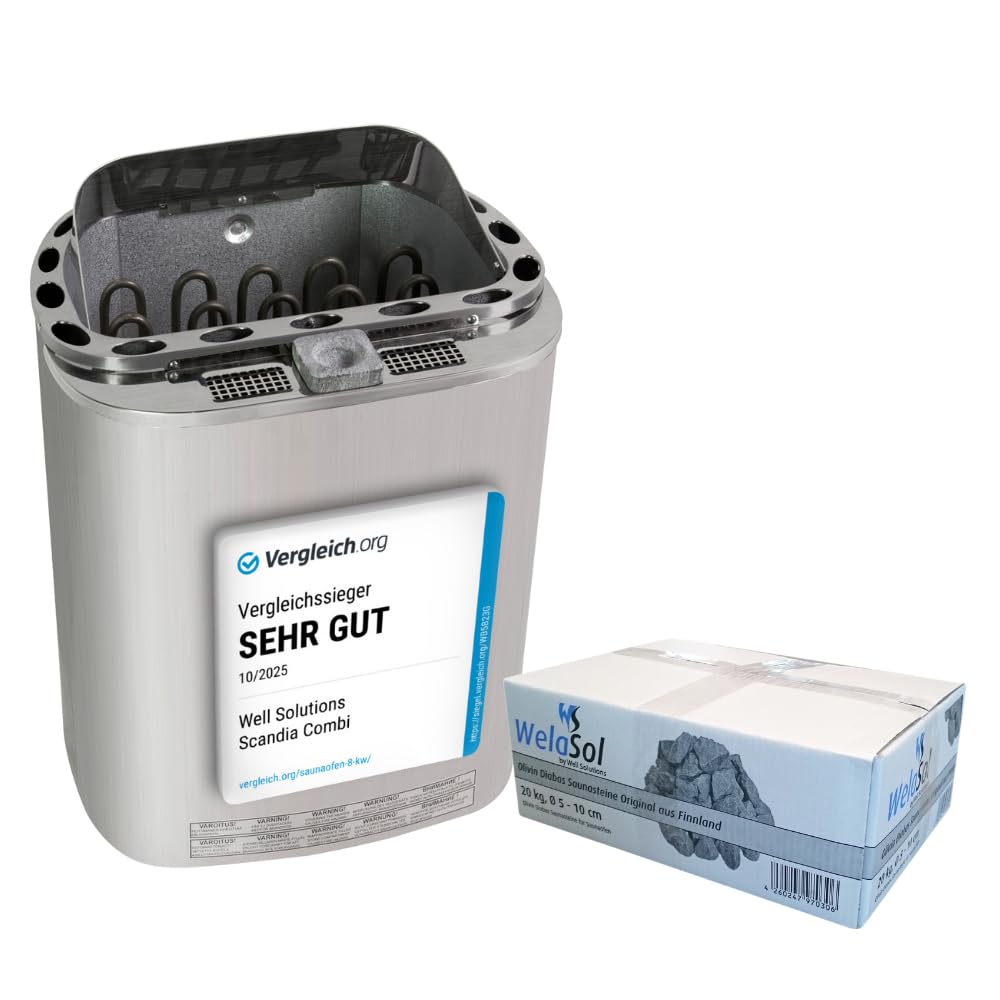 Premium Kombi BI-O Saunaofen 8kW, Saunaofen Scandia Combi aus Edelatahl gebürstet, inkl. ca. 20 Kg Saunasteine Original WelaSol Olivin Diabas, Testsieger