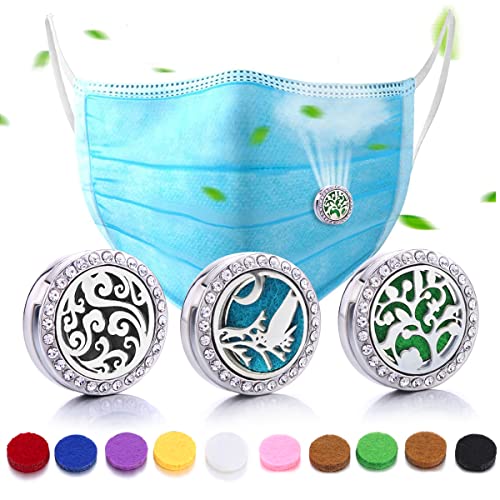 Essential Oil Diffuser Mask Clips for Face Mask, KABB Set of 3 Premium 316L Stainless Steel Essential Oil Clip Aromatherapy Diffuser Mask Oil Diffuser Locket with Magnetic Buckle 10 Felt Diffuser Pads