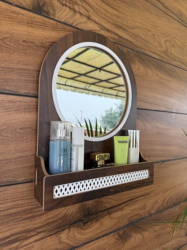 Image of 7CR Wooden Wall Mounted Dressing Round Mirror with Storage Shelf, Round, Walnut Brown, 43.5 x 33.4 x 8 cm