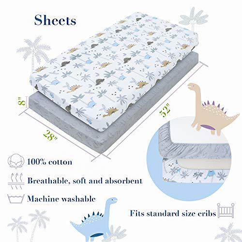 Image of Dinosaur Baby Bedding Set Boys - 6 pcs Baby Boy Bedding Sets Dino Blanket, 2 Fitted Bed Sheets, Pillowcase, Skirt & Dinosaur Nursery Organizer - Designed in France, Blue-White