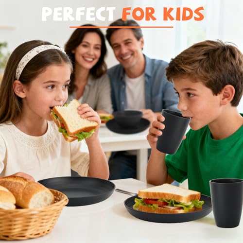 Image of Wheat Straw Dinnerware Sets, Unbreakable Kids Plates and Bowls Sets 20-Piece Service for 4, Alternative Plastic Outdoor Camping Dishes, Microwave & Dishwasher Safe - Black