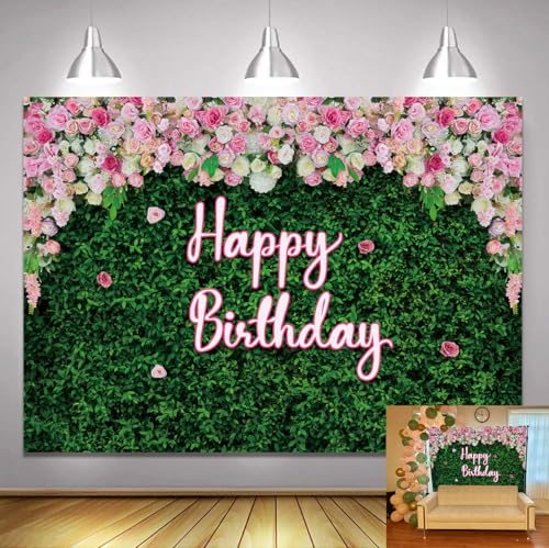 8X6FT Green Leaves Floral Birthday Backdrop Pink Rose Flower Wall