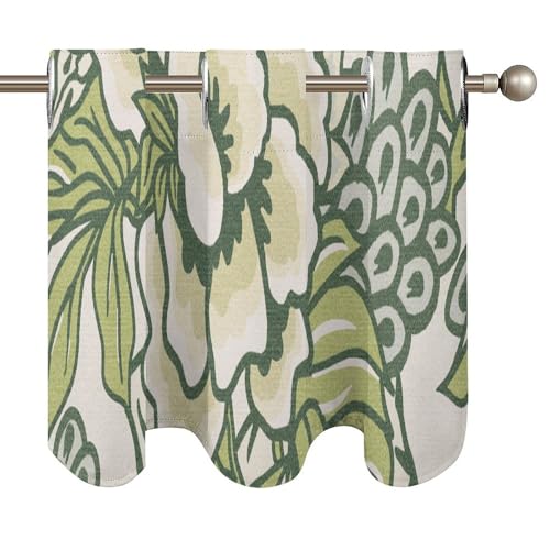 Cenefas exóticas de granja para ventanas: cortinas cortas florales en verde y blanco 5