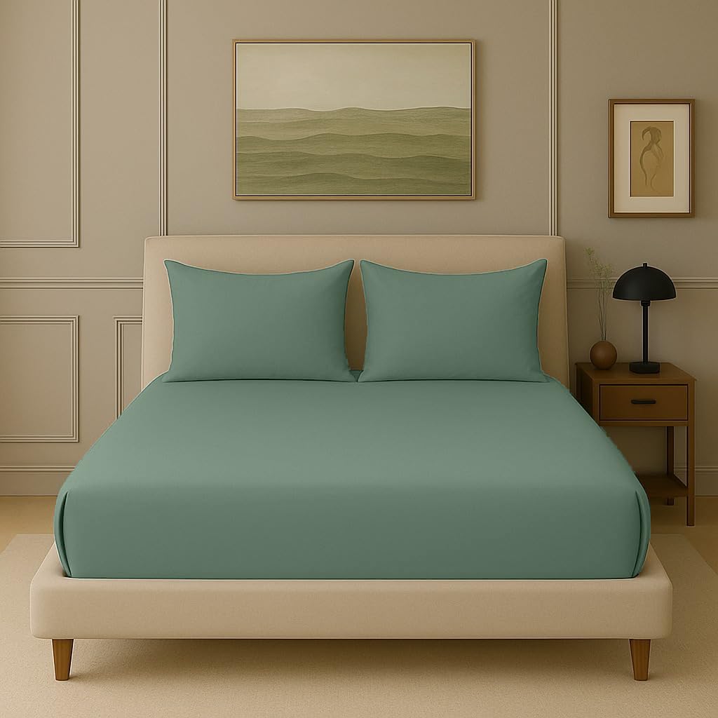 Trance Home Linen 300 TC Bamboo Fitted Queen Size Bedsheet | Soft, Breathable & Eco-Friendly Bedsheet with 2 Pillow Cover - (78 x 60 inch, Aqua Green)-image-48