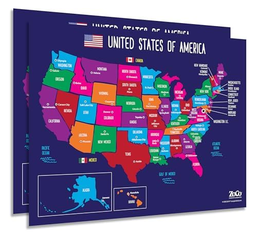 ZOCO – United States Map with Capitals Poster (2-Pack) – Laminated 17x22 – Educational USA Wall Chart for Kids – North America Geography, Social Studies Classroom Decor