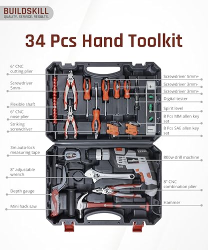 Image of BUILDSKILL 34 Pcs | 800W Professional Drill Machine For Wall Drilling Tools Box Kit | 13MM Keyless Chuck | Copper armature | Measuring Tape | TPR Screwdriver Set (6 Months Warranty)