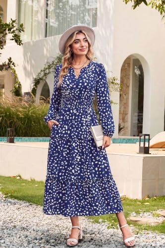 Image of GRACE KARIN Women's Floral Maxi Dress 2026 Fall Long Sleeve V Neck Empire Waist A Line Flowy Dress with Pocket