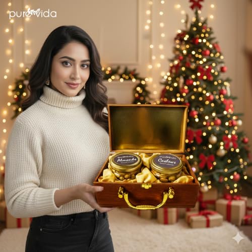 Image of Purevida Premium Wooden Dry Fruits Gift Box - Luxury Christmas & New Year Hamper with Almonds & Cashews in Glass Jars | Festive & Corporate Gifting Wooden Box with Gold Handle