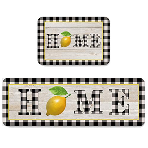 Possta Decor Kitchen Mats 2 Piece Non Slip Area Runner Rug Set, Super Soft Comfort Standing Mat Home Word With Lemon Fruit Floor Doormat Washable Carpet Black Gray Buffalo Plaid #TOP1