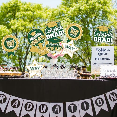 Image of 2026 Graduation Party Decorations - 24 Pcs Class of 2026 Congrats Grad Table Centerpieces Graduation Table Decorations Sticks Table Toppers for Graduation Party (Green Gold)
