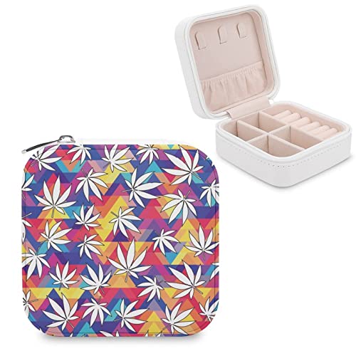 Jewelry Box, PU Small Portable Travel Case, Organizer Display Storage Holder Box for Rings, Earrings, Necklaces, Bracelets - Rainbow Chevrons Maple Leaf