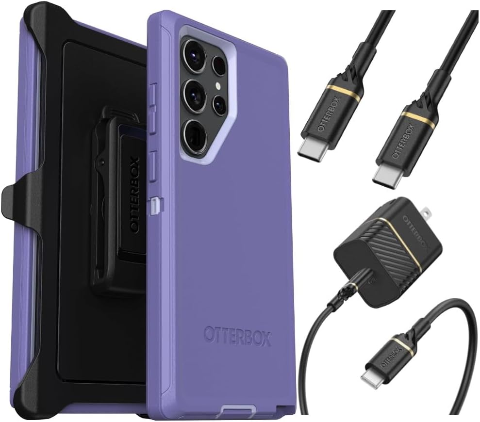 OtterBox Galaxy S23 Ultra (Only) Bundle: - Defender Series Case - Mountain Majesty (Purple) - Rugged & Durable - with Port Protection - Holster Clip Included - USB-C to USB-C Wall Charging Kit, 20W.