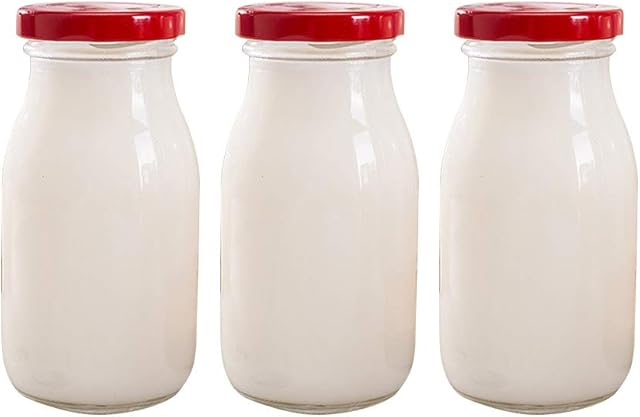 Danmu Art 3 Pcs 200ml Glass Milk Bottle with Pretty Red Lids Small Glass Jars for Decoration