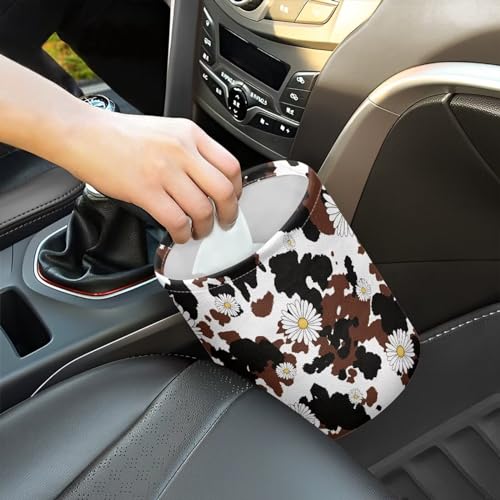 Image of Brown Cow Patterns and Daisies Print Collapsible Waste Basket Bin Multipurpose Trash Bin for Car Hanging Portable Dustbin Bin Accessories Garbage Bin Universal