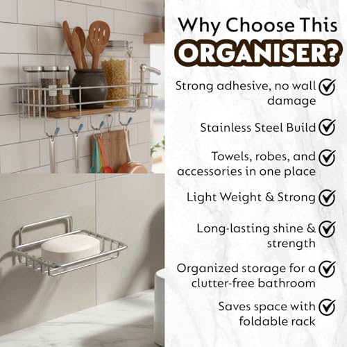 Image of URBANMONK 4 Pcs Bathroom Organiser Without Drill |Bathroom Accessories Set | Bathroom Stand for wall Toothbrush, Soap and Shampoo Holder