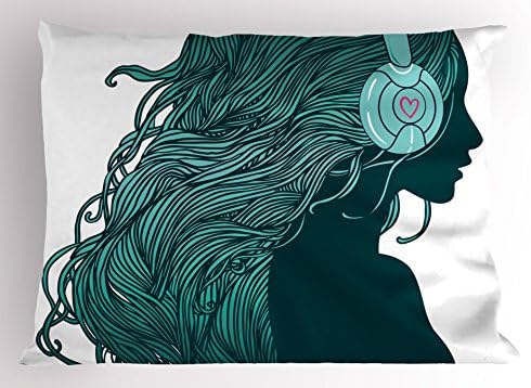 Ambesonne Music Pillow Sham, DJ Girl Profile with Long Hair in Headphones Nightclub Silhouettes Party Print, Decorative Standard Size Printed Pillowcase, 26" X 20", White Teal