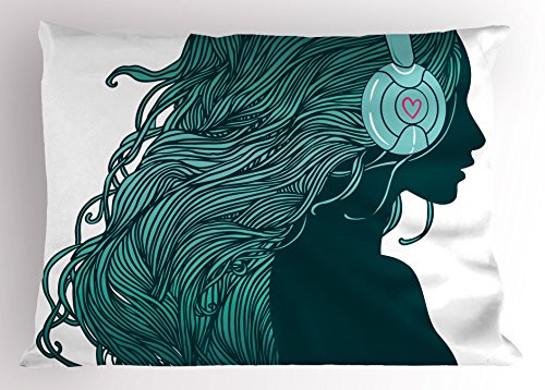 Ambesonne Music Pillow Sham, Dj Girl Profile With Long Hair In Headphones Nightclub Silhouettes Party Print, Decorative Standard Size Printed Pillowcase, 26" X 20", White Teal #TOP8