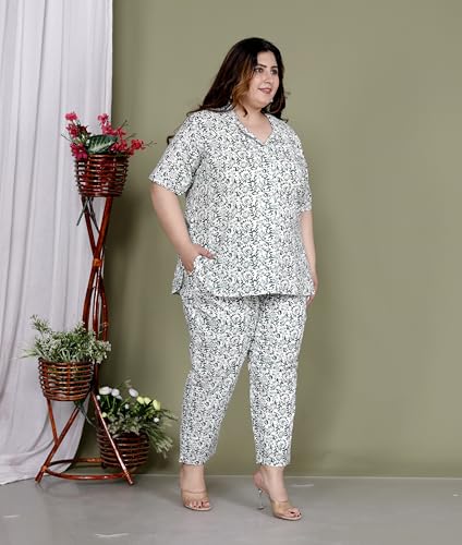 Image of Printed Shirt Style Cotton Night Suit for Women with Extra Plus Size