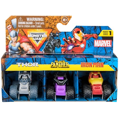Monster Jam, Marvel Mini Monster Truck 3-Pack, Thor, Black Panther, Iron Man Die-Cast Monster Trucks, 1:87 Scale, Kids Toys for Boys Ages 3 and Up
