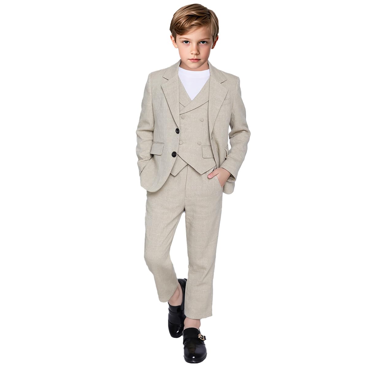 Jungen-Smokinganzug aus Leinen, zweireihig, Weste, Hose, formelles Anzug-Set für Jungen, Hochzeit, 3-teilig