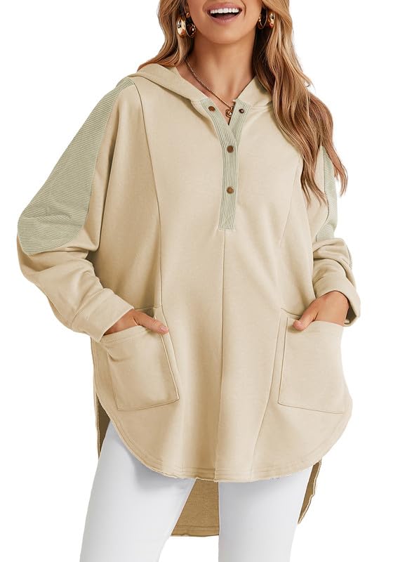SHEWINWomens Oversized Hoodie Casual Long Sleeve Button V Neck Hooded Sweatshirt Loose Pullover Tops
