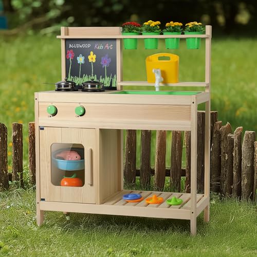 BlueWood Mud Kitchen for Kids Outdoor, Wooden Play Kitchen Set with Sink, Stove, Chalkboard, Montessori Toddler Outdoor Kitchen Playset for Backyard Fun - Image 3