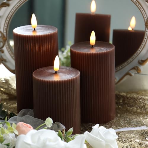 Image of 3 Pack Wax LED Flameless Candles with Remote Real Wax Battery Operated Electric Pillar Candle Set with Vertical Stripes 3D Black Wick for Home Party Wedding Decorations, Brown, D 3 x H 4 /5 /6 inch