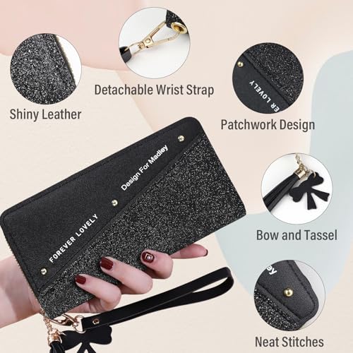 Andiker Wristlet Wallets for Women, 7.48" Glittery Womens Wallet with Tassel and Zipper PU Leather Clutch Purses for Women (Black)4