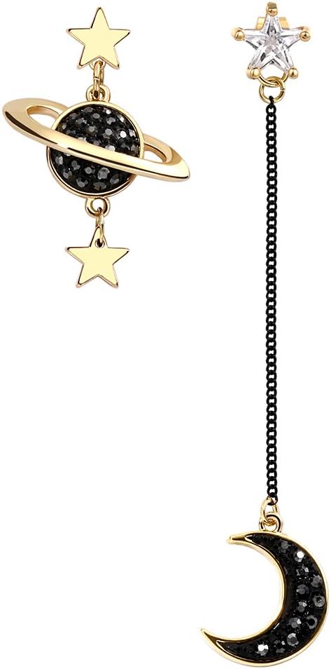 GooNightAsymmetrical droop Black Moon and Star Dangle Earrings Gold Plated Cubic Zirconia Sterling Silver Jewelry for Girls and Women