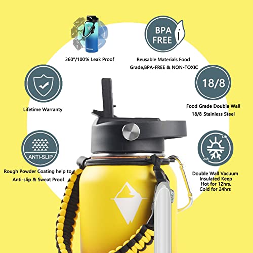 Froscold Insulated Water Bottle With Straw Lid & Paracord Handle, Sport Water Bottle With Strap & Handle, 32Oz Double Wall Wide Mouth Stainless Steel Thermal Water Flask, Keeps Hot Or Cold (Nectarine) #TOP4