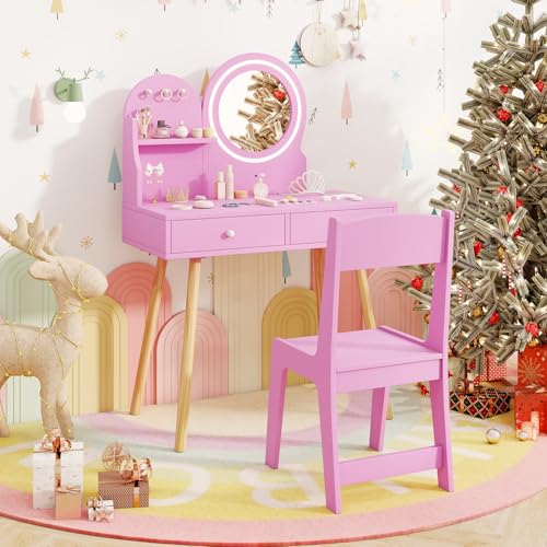 Image of HONEY JOY Kids Vanity, Little Girls Vanity Set with Mirror and Stool and Lights, Drawers, Toddler Makeup Vanity Dressing Table, Wooden Pretend Play Kids Vanity Table and Chair Set (Pink)