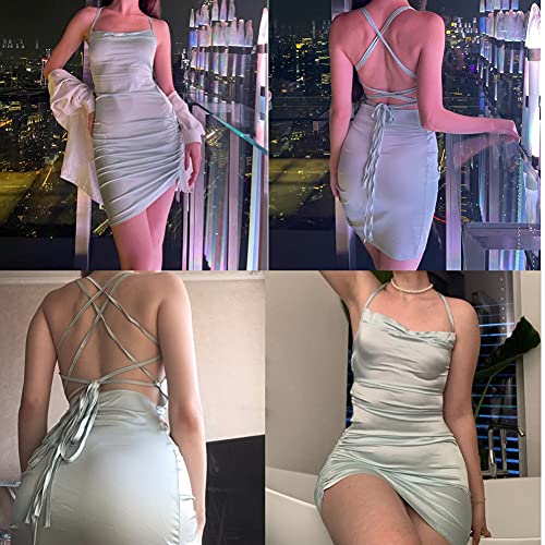 Image of JUMISEE Women Satin Ruched Lace Up Bodycon Mini Dress Sexy Backless Spaghetti Strap Party Dress for Cocktail Clubwear