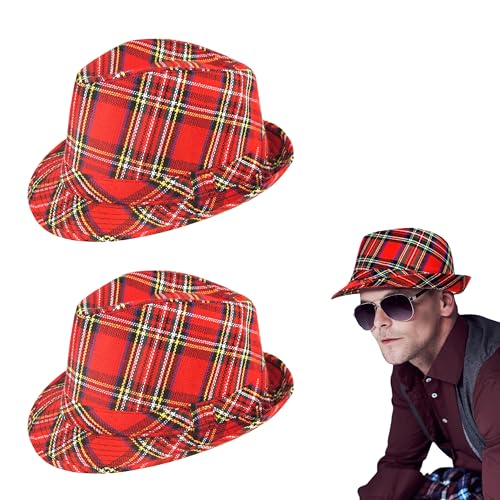 Lizzy 2 X Scottish Tartan Trilby Hat 27cm (Adult) | Tam O'Shanter Hat Scotts Scottish Scotland Goth Punk Mini Burns Night Bay City Rollers Fancy Dress Outfit Accessories Red