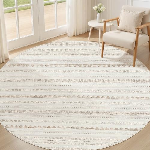 Nakagishi Round Rug Boho Area Rugs: 5x5 Washable Large Circle Neutral Soft Stain Resistant Non-Slip Carpet for Women Aged 25-45 Farmhouse Decor Enthusiasts - Living Room Bedroom Dining Room Nursery