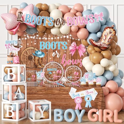 Boots Or Bows Gender Reveal Decorations 313pcs Western Gender Reveal Decorations Plates and Napkins Cups Banner Backdrop Tablecloth Cake Topper Balloon for Boots Or Bows Gender Reveal Party Supplies