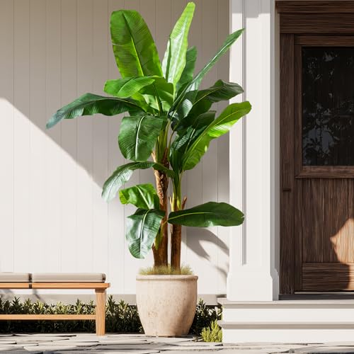 Artificial Banana Tree 6ft, Faux Tropical Palm Tree Plant with Realistic Leaves, Low Maintenance...