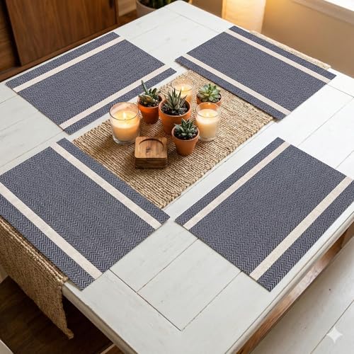 Image of YELONA Placemats Set of 4, Heat-Resistant Woven Vinyl Table Mats, Non-Slip & Washable Dining Tablemats for Kitchen & Dinner Decor, Dark Blue & Gold (45cm x 30cm)