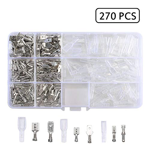 Conector Cable Eléctrico Macho Hembra Conectores,270 pcs Kit Hembra & Macho Conector Cable Terminales Electricos de Pala de Alambre Crimp Terminal Bloque con Aislante Funda Kit 2,8 mm 4,8 mm 6,3 mm