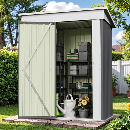 Image of Patiowell 5x3 FT Outdoor Storage Shed, Garden Tool Shed with Sloping Roof and Lockable Door, Metal Shed for Backyard Garden Patio Lawn, Gray