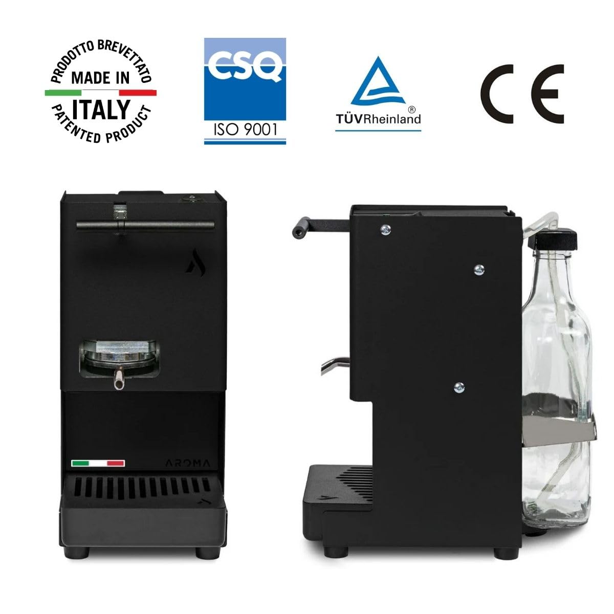 Aroma E.GO Macchina da Caffè a Cialde ESE 44 mm Nero, Salvaspazio | Serbatoio in Vetro, Porta Filtro Estraibile, Basso Consumo 380W, Made in Italy per Casa, Ufficio e Camper