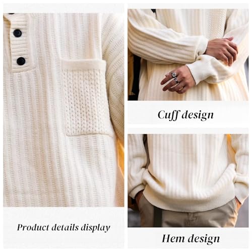 Men's Fall Winter Chunky Knit 4/1 Button Solid Sweater Knit Henley Long Sleeve Ribbed Pullover3