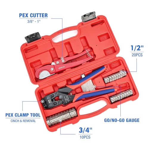 Image of iCrimp PC-PC02KIT PEX Clamp Crimping Tool Kit with 1 /2 inch(20 Pack) and 3 /4 inch(10 Pack) PEX Clamp Rings, Pipe Cutter for PEX and Automotive Clamp Cinch and Removal