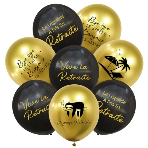 30pcs Ballons Retraite Décoration, Noir Or, Ballon en Latex avec Ruban, Fête Homme et Femme