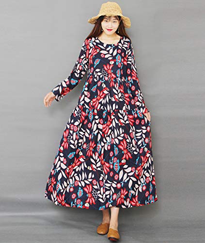 Women Casual Loose Long Maxi Swing Dress Bohemian Floral Printed Long Sleeve Round Neck/Pockets EK6 (L, EK6 As Picture92-Long Sleeve)