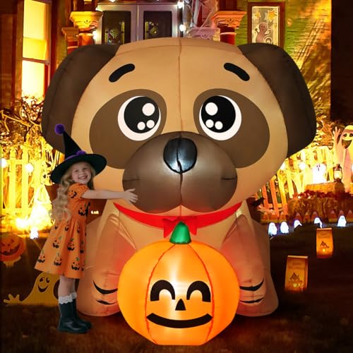 COMIN 5 FT Halloween Inflatables Dog Outdoor Yard Decorations Blow Up Pug Holding Pumpkin with...
